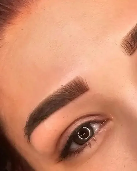 Close-up of PMU brows: soft, defined brows in a natural dark brown shade